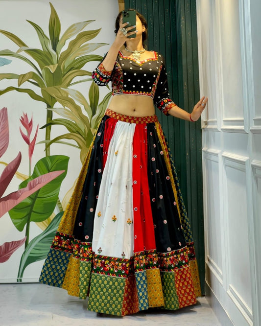 Heavy Muslin Cotton Navratri Lehenga Choli with Real Mirror Work & Digital Print Dupatta