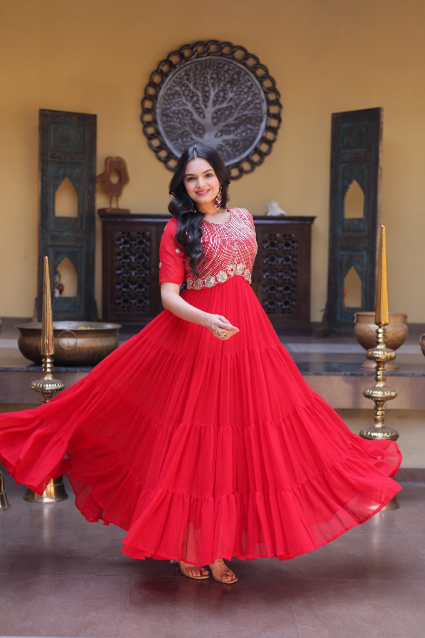 Premium Faux Blooming Designer Gown with Zari & Sequins Embroidery