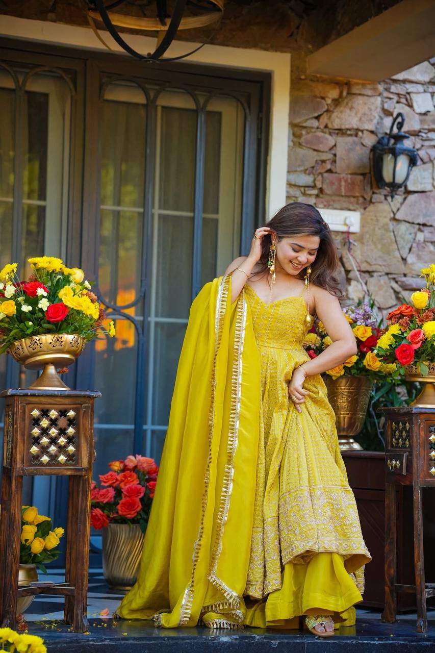Designer Party Wear Anarkali Suit Set with Heavy Zari Embroidery & Sequins Work