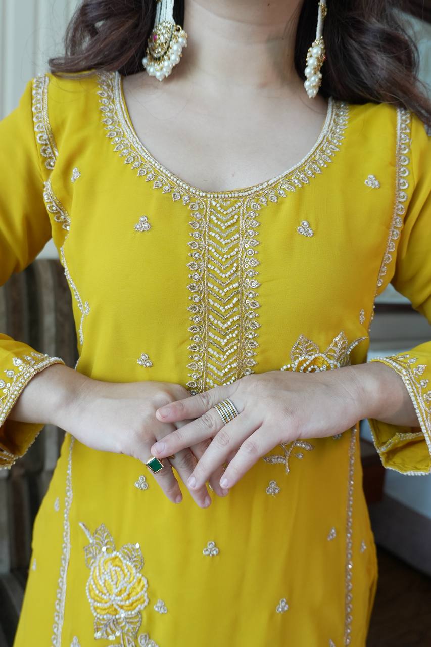 Premium Fox Georgette Designer Gharara Suit Set with Sequins Embroidery, Beads Work & Dupatta