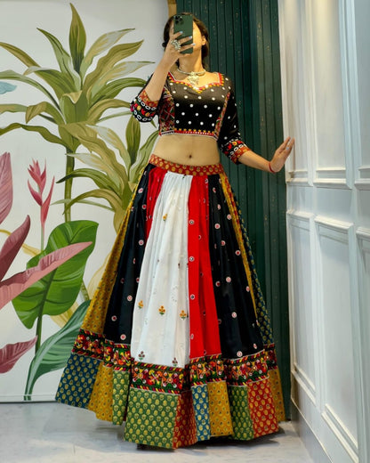 Heavy Muslin Cotton Navratri Lehenga Choli with Real Mirror Work & Digital Print Dupatta