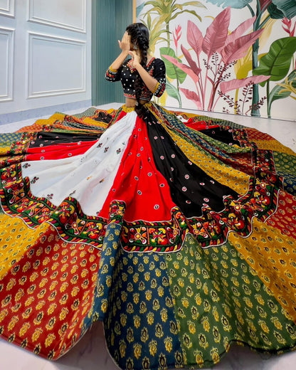 Heavy Muslin Cotton Navratri Lehenga Choli with Real Mirror Work & Digital Print Dupatta
