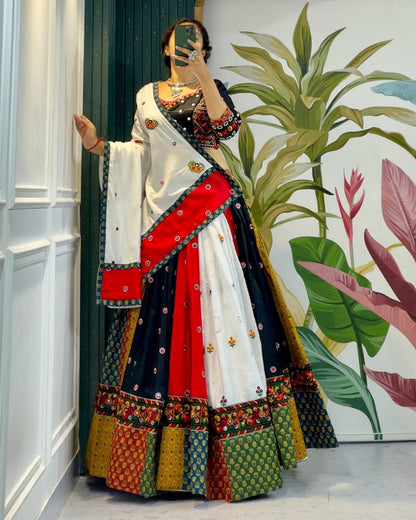 Heavy Muslin Cotton Navratri Lehenga Choli with Real Mirror Work & Digital Print Dupatta