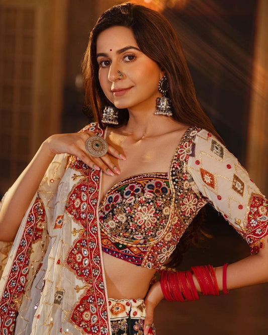 Trending Soft Butter Silk Navratri Lehenga Choli with Real Mirror Work & Heavy Flair Dupatta