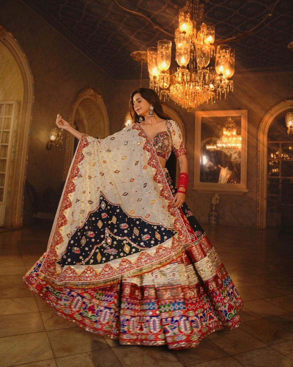 Trending Soft Butter Silk Navratri Lehenga Choli with Real Mirror Work & Heavy Flair Dupatta