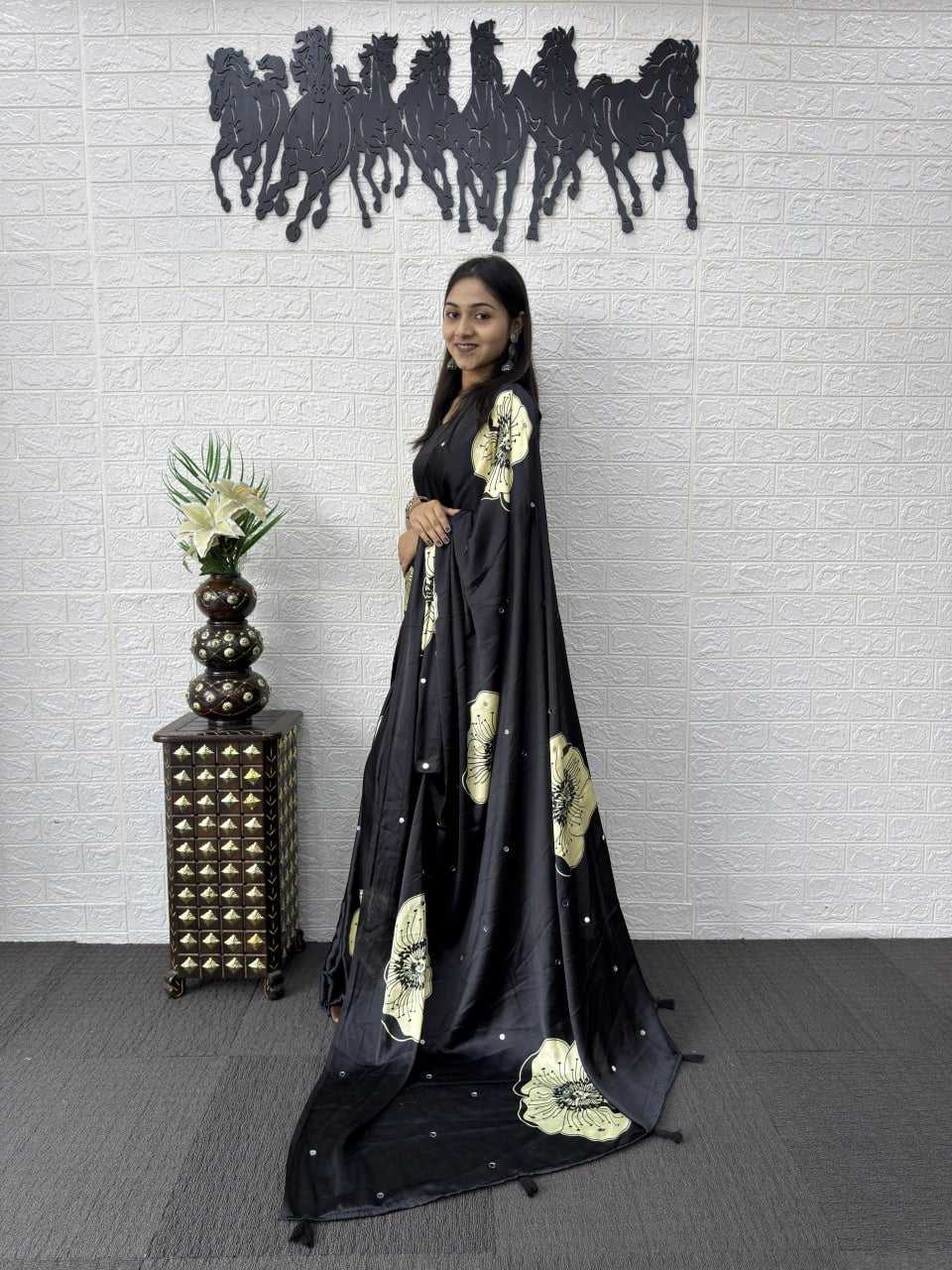 Premium Japan Satin Silk Saree with Heavy Mirror Work & Elegant Viscose Latkan Pallu