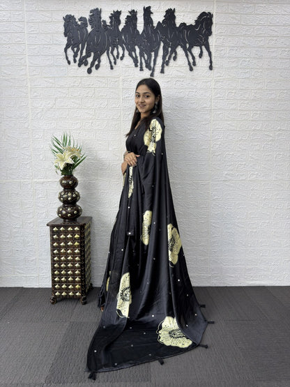 Premium Japan Satin Silk Saree with Heavy Mirror Work & Elegant Viscose Latkan Pallu
