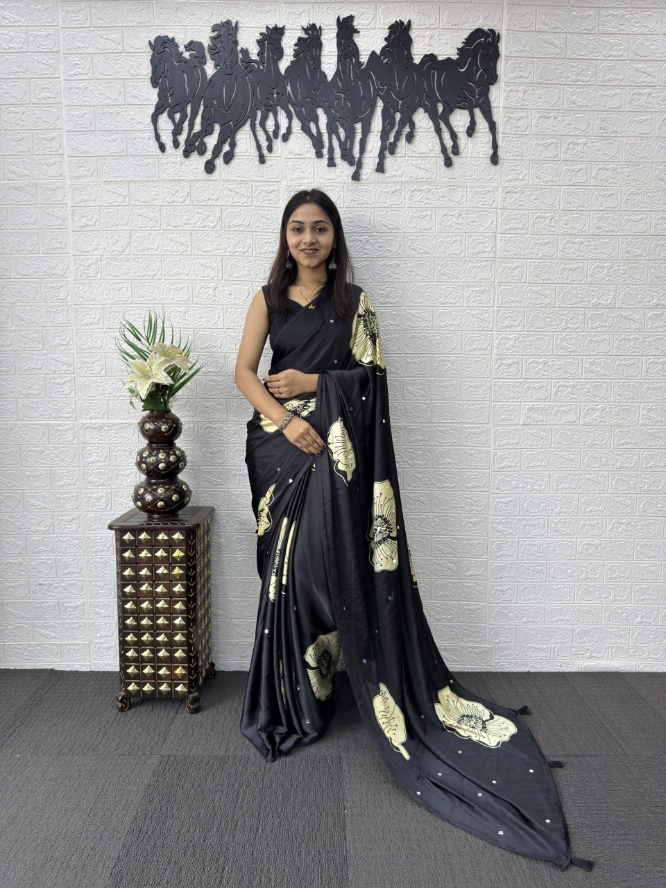 Premium Japan Satin Silk Saree with Heavy Mirror Work & Elegant Viscose Latkan Pallu