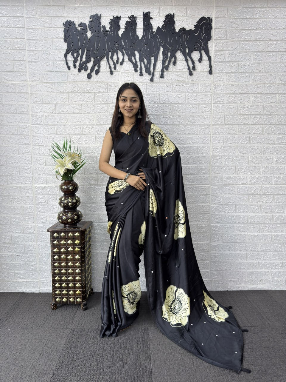 Premium Japan Satin Silk Saree with Heavy Mirror Work & Elegant Viscose Latkan Pallu