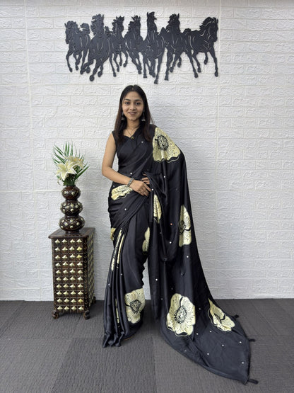 Premium Japan Satin Silk Saree with Heavy Mirror Work & Elegant Viscose Latkan Pallu