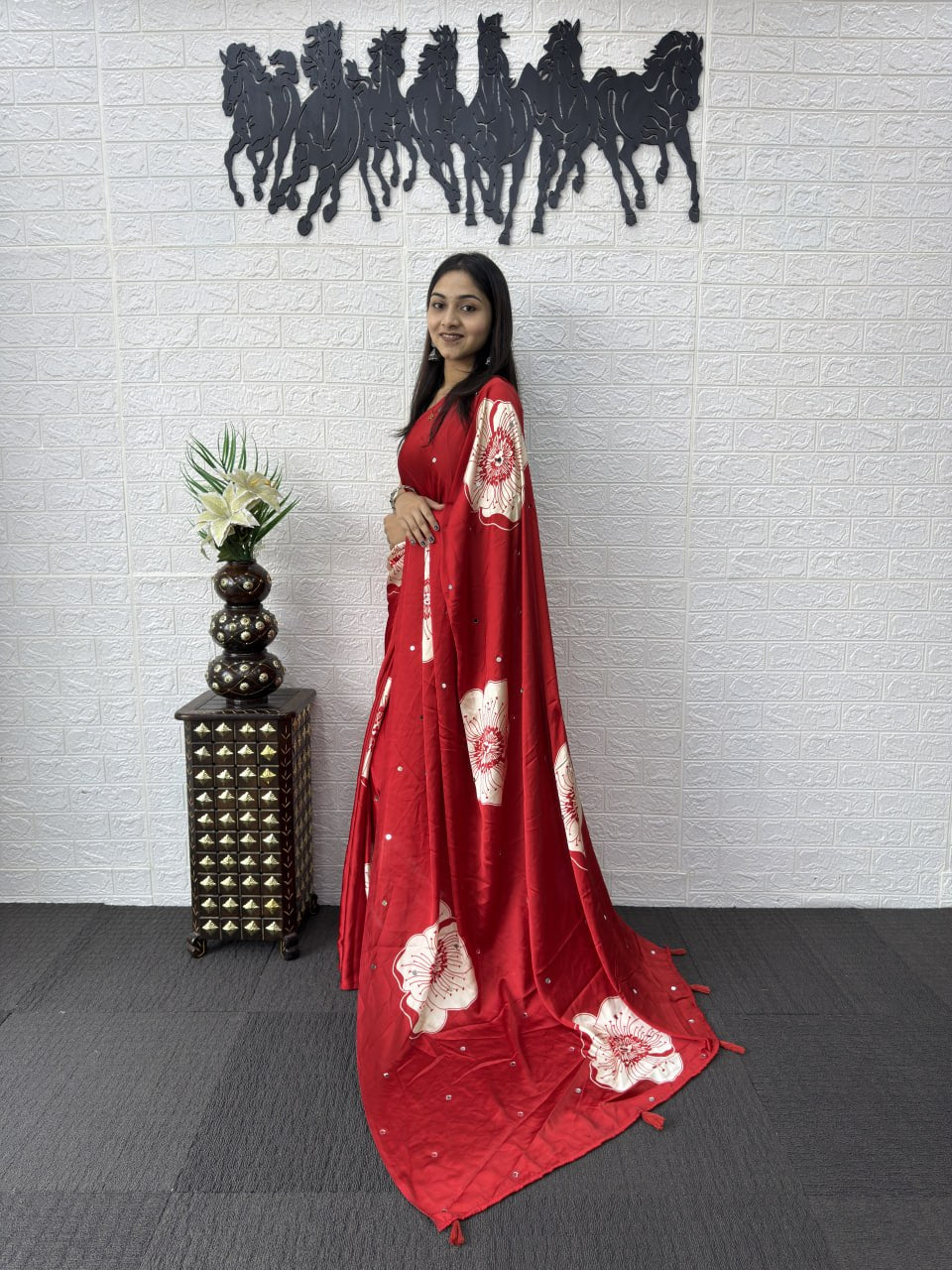 Premium Japan Satin Silk Saree with Heavy Mirror Work & Elegant Viscose Latkan Pallu