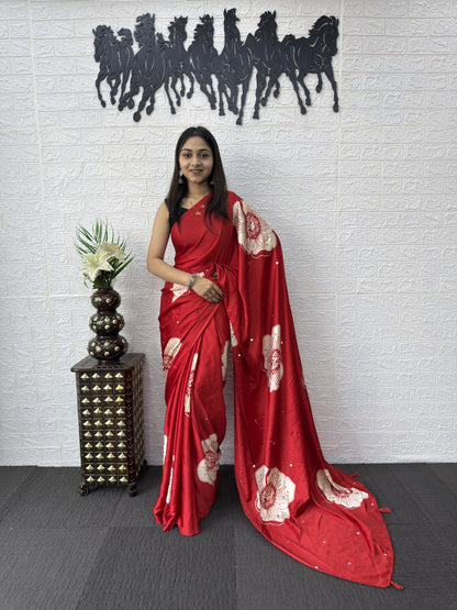 Premium Japan Satin Silk Saree with Heavy Mirror Work & Elegant Viscose Latkan Pallu