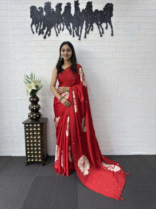 Premium Japan Satin Silk Saree with Heavy Mirror Work & Elegant Viscose Latkan Pallu