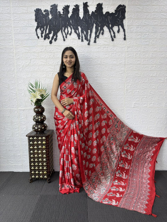 Premium Japan Satin Silk Saree with Heavy Mirror Work & Elegant Viscose Latkan Pallu Border