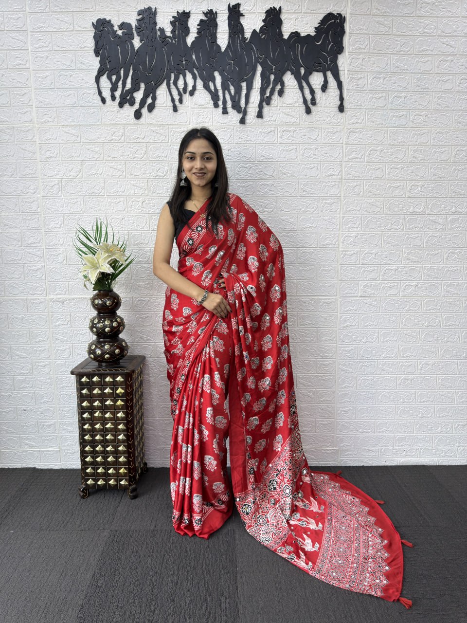 Premium Japan Satin Silk Saree with Heavy Mirror Work & Elegant Viscose Latkan Pallu Border
