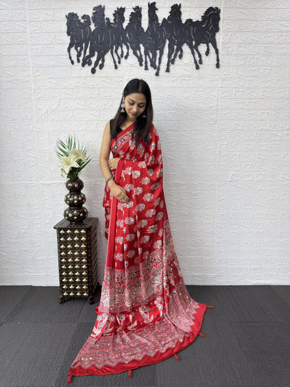 Premium Japan Satin Silk Saree with Heavy Mirror Work & Elegant Viscose Latkan Pallu Border