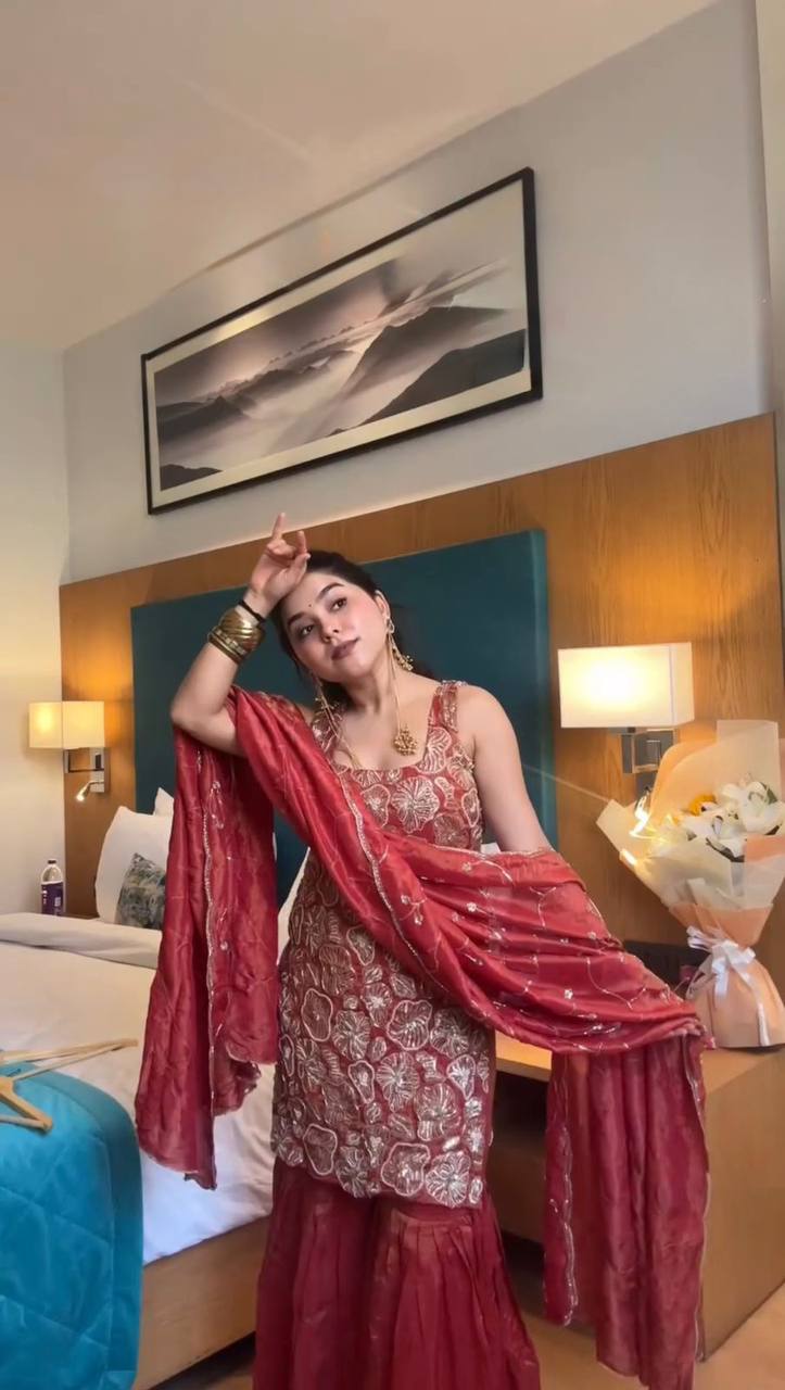 Premium Simmer Silk Sharara Suit Set with Thread & Sequence Work