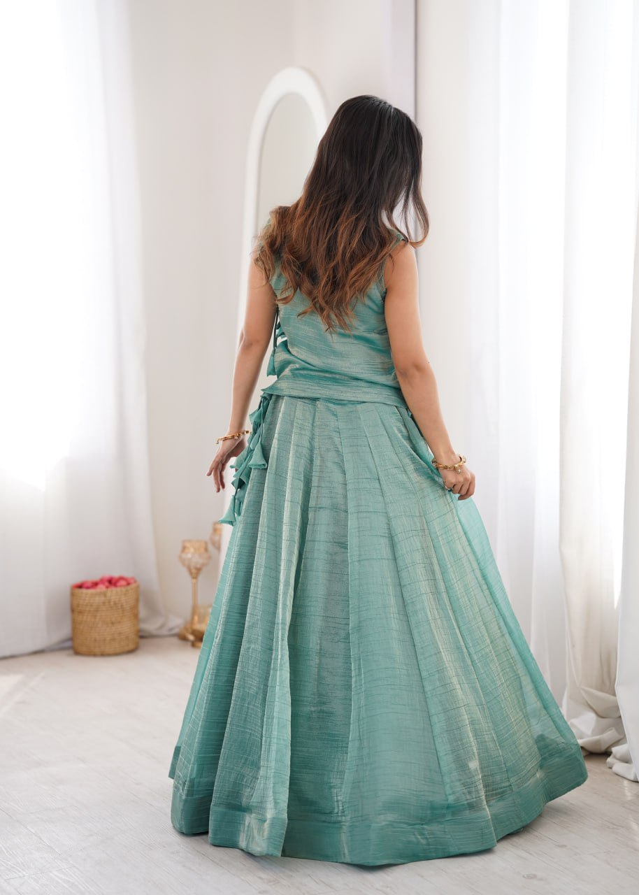 Elegant Flaired Lehenga with Intricate Zari Embroidered Koti With Plain Blouse