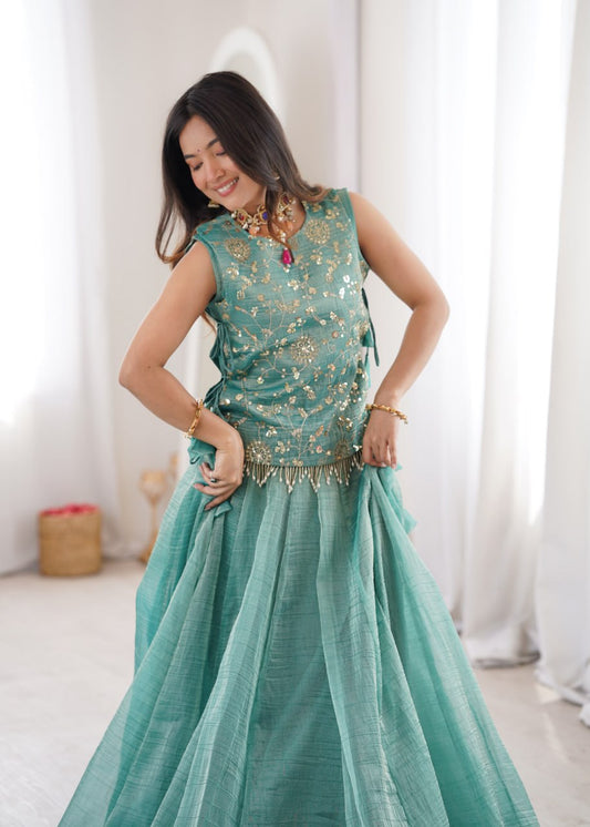Elegant Flaired Lehenga with Intricate Zari Embroidered Koti With Plain Blouse
