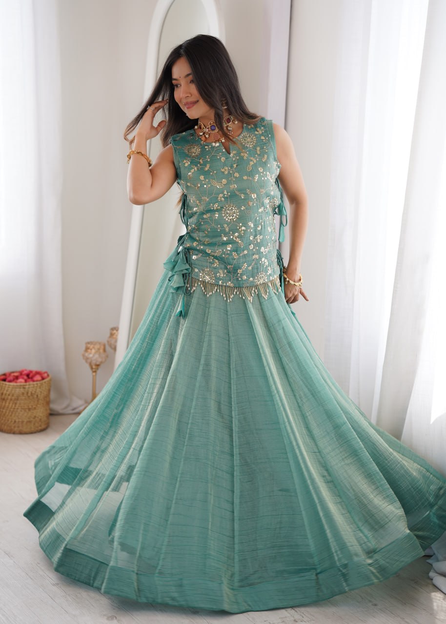 Elegant Flaired Lehenga with Intricate Zari Embroidered Koti With Plain Blouse