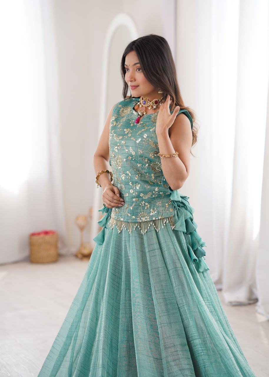 Elegant Flaired Lehenga with Intricate Zari Embroidered Koti With Plain Blouse