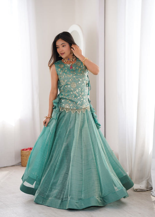 Elegant Flaired Lehenga with Intricate Zari Embroidered Koti With Plain Blouse
