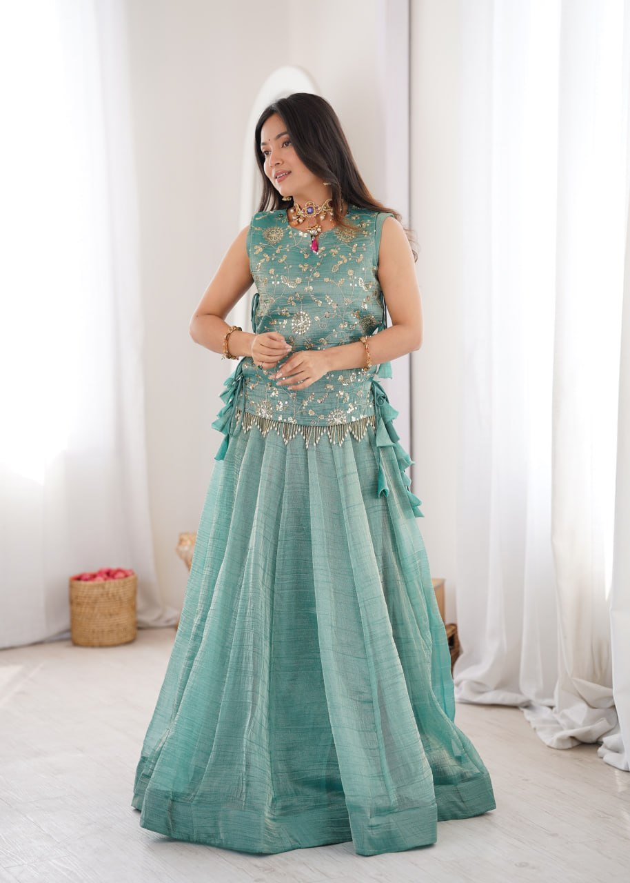 Elegant Flaired Lehenga with Intricate Zari Embroidered Koti With Plain Blouse