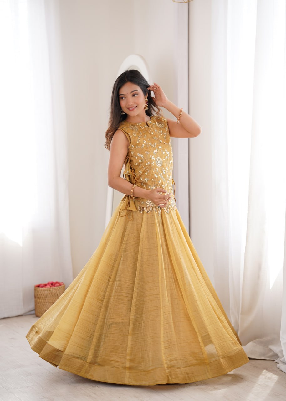 Elegant Flaired Lehenga with Intricate Zari Embroidered Koti With Plain Blouse