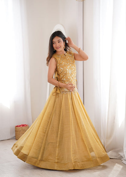Elegant Flaired Lehenga with Intricate Zari Embroidered Koti With Plain Blouse