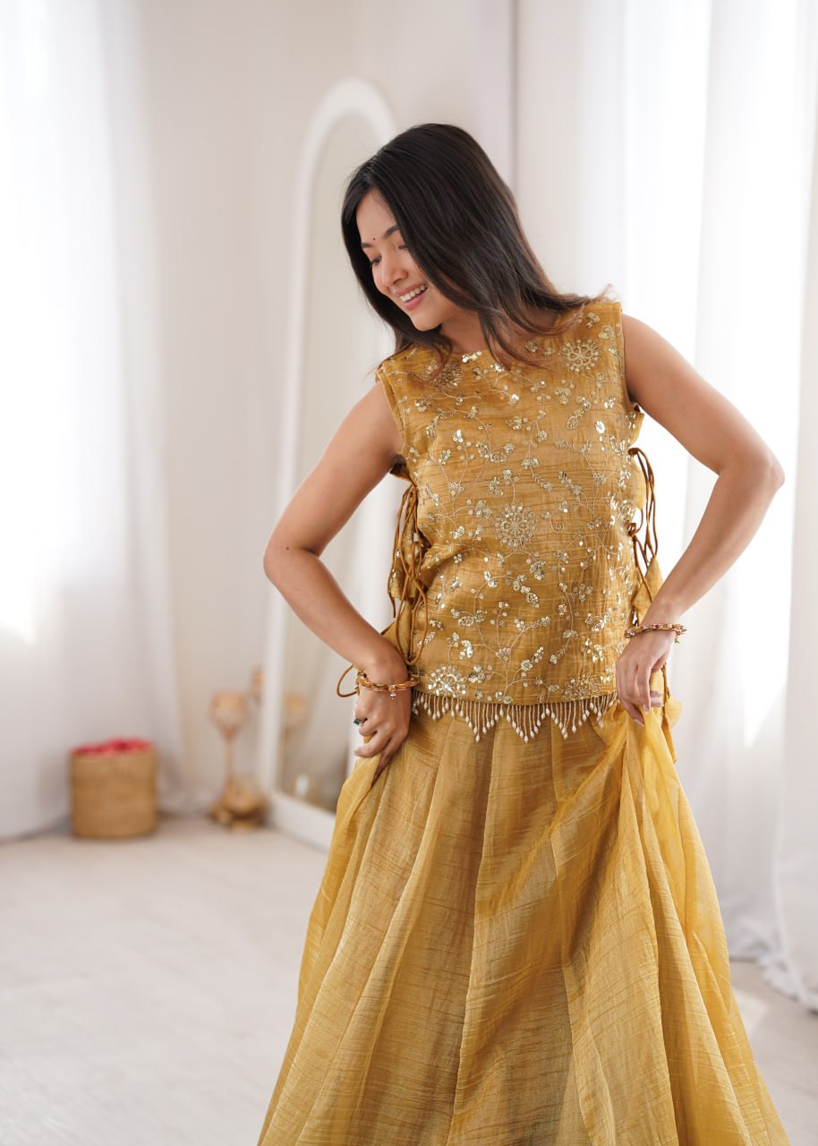 Elegant Flaired Lehenga with Intricate Zari Embroidered Koti With Plain Blouse