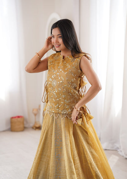 Elegant Flaired Lehenga with Intricate Zari Embroidered Koti With Plain Blouse