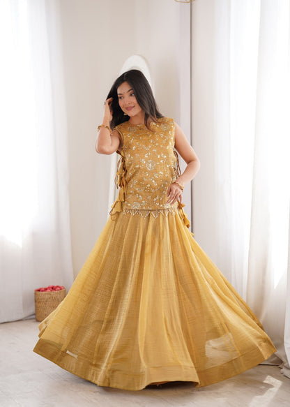 Elegant Flaired Lehenga with Intricate Zari Embroidered Koti With Plain Blouse