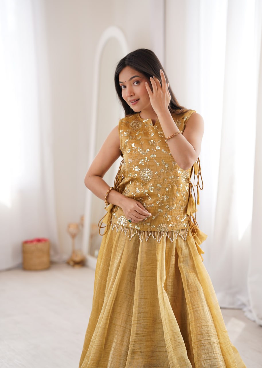 Elegant Flaired Lehenga with Intricate Zari Embroidered Koti With Plain Blouse