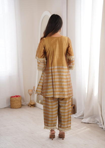 Designer Two-Tone Tissue Co-Ord Set with Mirror Work & Batwa