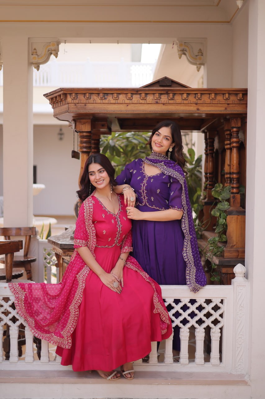 Premium Mul Chanderi Kurti Pant Dupatta Set with Beads Thread Embroidery