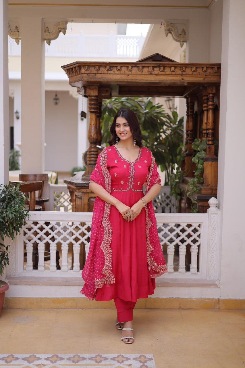 Premium Mul Chanderi Kurti Pant Dupatta Set with Beads Thread Embroidery