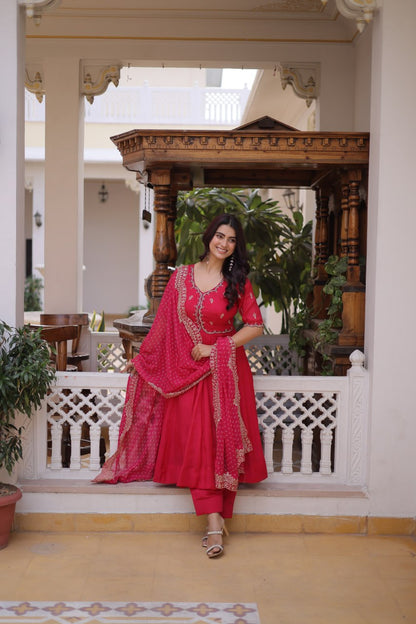 Premium Mul Chanderi Kurti Pant Dupatta Set with Beads Thread Embroidery