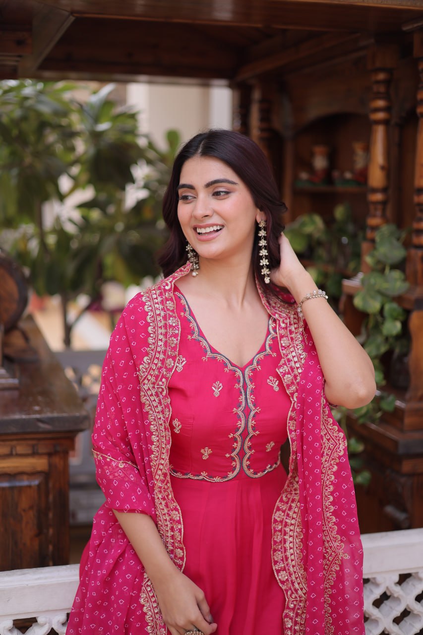 Premium Mul Chanderi Kurti Pant Dupatta Set with Beads Thread Embroidery