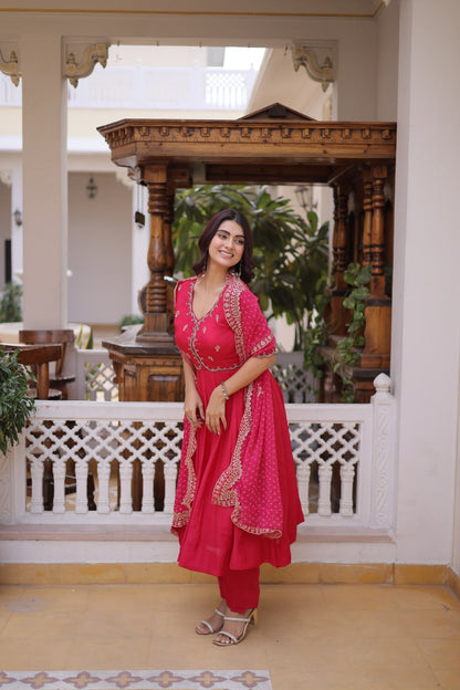 Premium Mul Chanderi Kurti Pant Dupatta Set with Beads Thread Embroidery