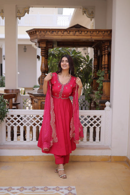 Premium Mul Chanderi Kurti Pant Dupatta Set with Beads Thread Embroidery