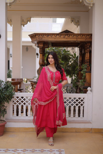Premium Mul Chanderi Kurti Pant Dupatta Set with Beads Thread Embroidery