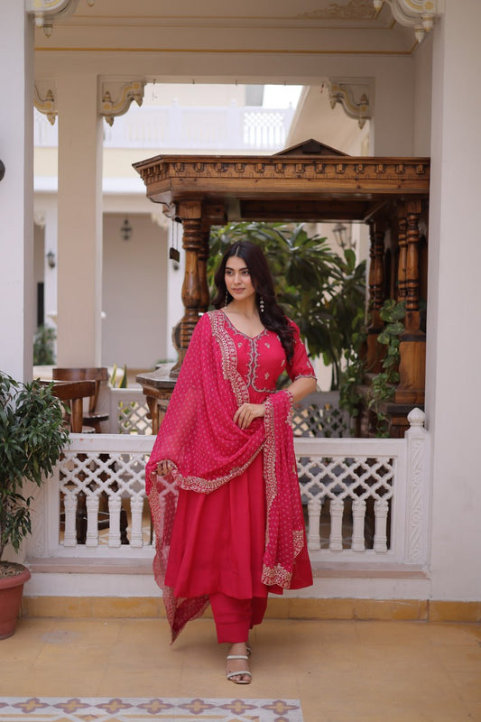 Premium Mul Chanderi Kurti Pant Dupatta Set with Beads Thread Embroidery