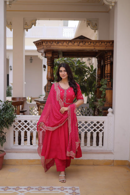 Premium Mul Chanderi Kurti Pant Dupatta Set with Beads Thread Embroidery