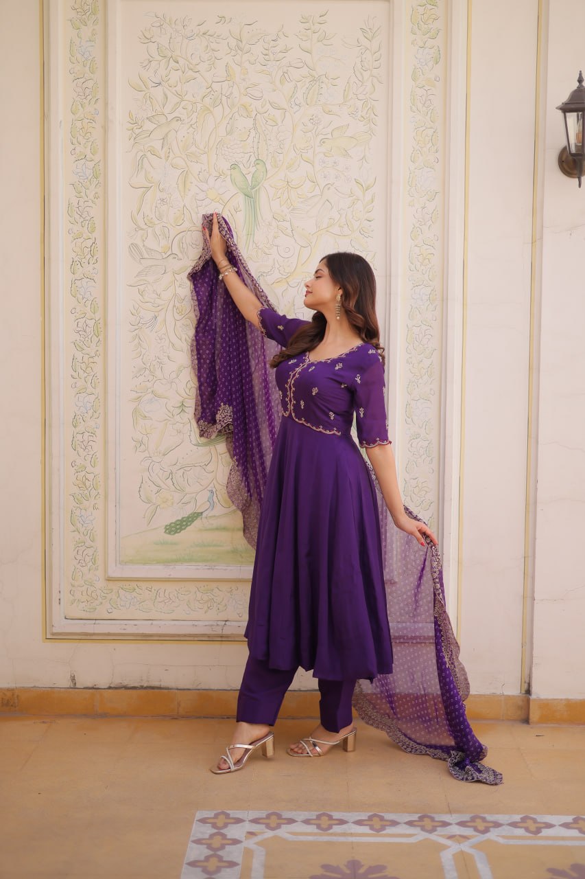 Premium Mul Chanderi Kurti Pant Dupatta Set with Beads Thread Embroidery
