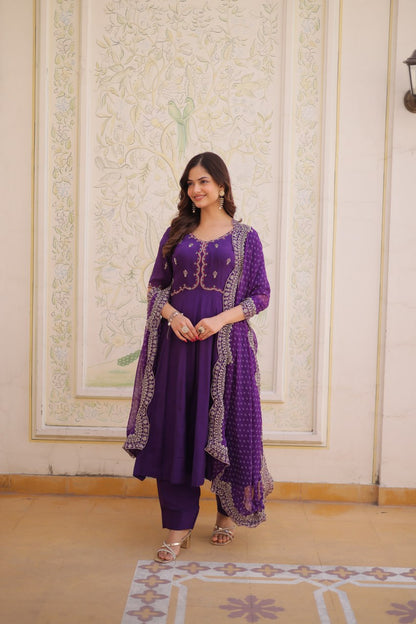 Premium Mul Chanderi Kurti Pant Dupatta Set with Beads Thread Embroidery