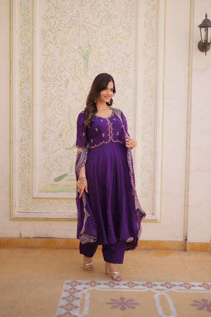 Premium Mul Chanderi Kurti Pant Dupatta Set with Beads Thread Embroidery