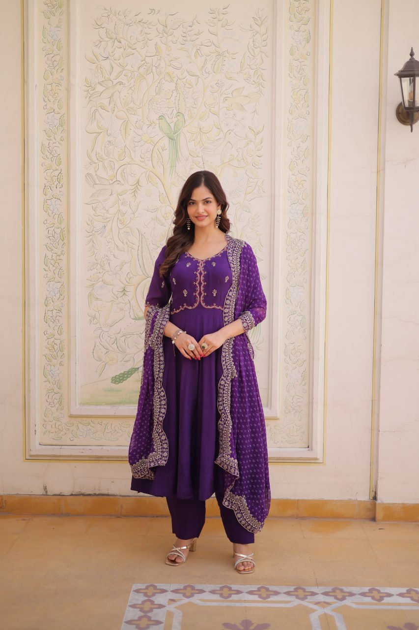 Premium Mul Chanderi Kurti Pant Dupatta Set with Beads Thread Embroidery