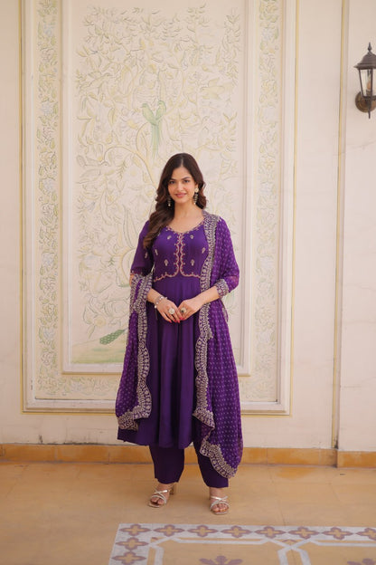 Premium Mul Chanderi Kurti Pant Dupatta Set with Beads Thread Embroidery