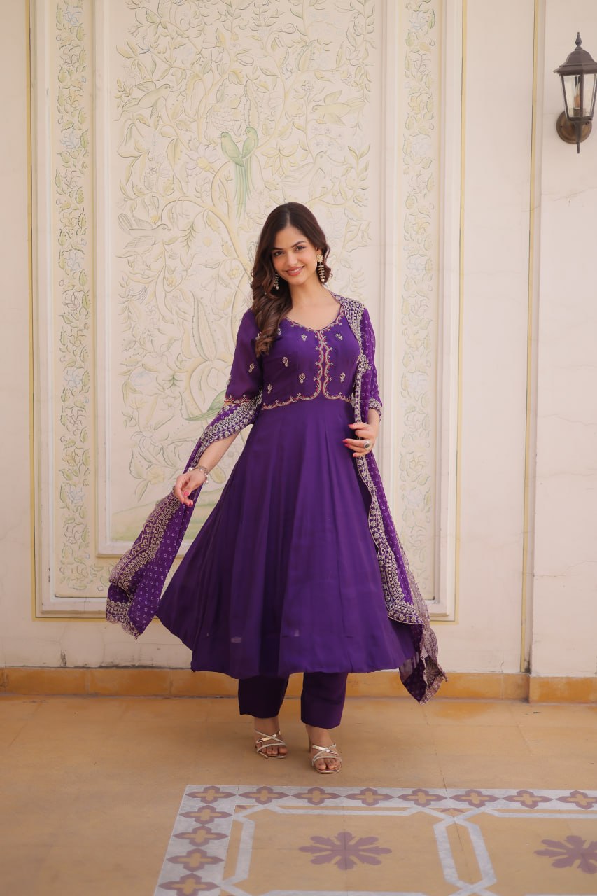 Premium Mul Chanderi Kurti Pant Dupatta Set with Beads Thread Embroidery