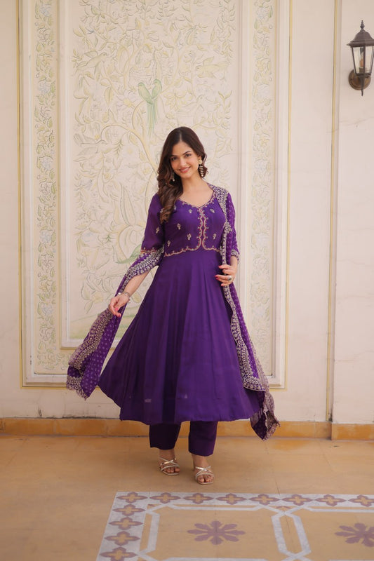 Premium Mul Chanderi Kurti Pant Dupatta Set with Beads Thread Embroidery